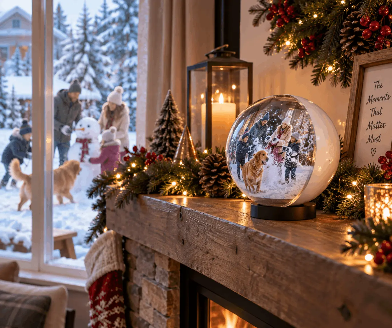 Memory Orb on a holiday mantel showing family playing in the snow