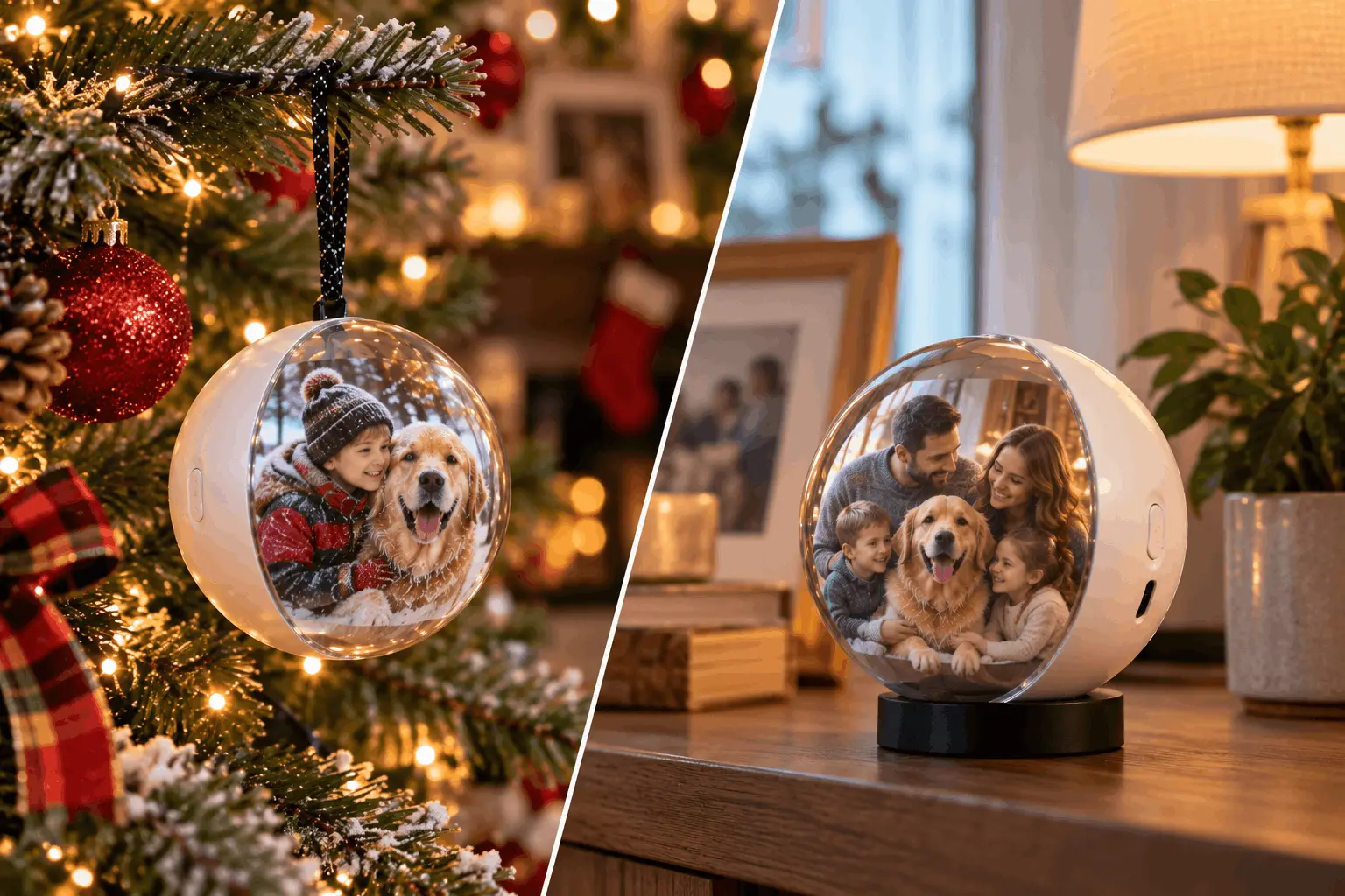 Memory Orb hanging on a Christmas tree and the same Orb on its stand on a shelf