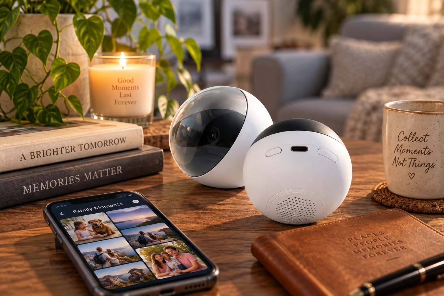 White and black Memory Orbs on a coffee table beside a phone photo album